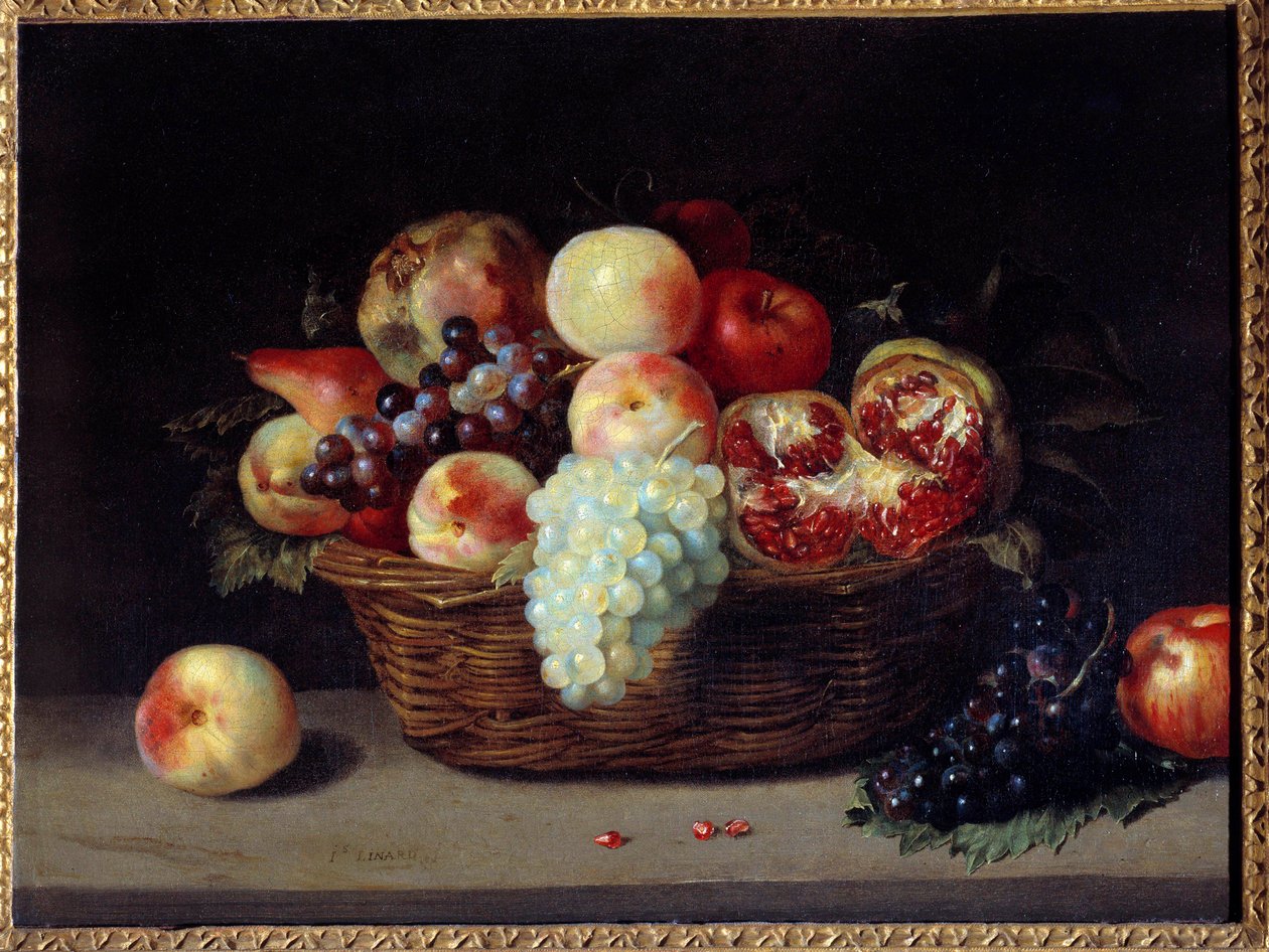Korg med granater, persikor och vindruvor Målning av Jacques Linard (1600-1645) 1600-talets sön. 0,46x0,61 m av Jacques Linard