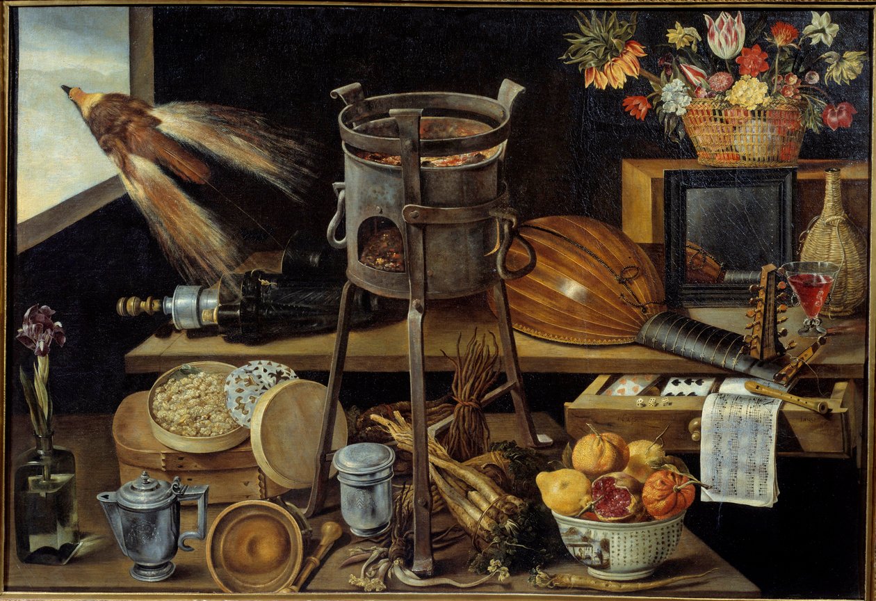 De fem sinnena och de fyra elementen, några föremål bär vapen från familjen Richelieu. Stilleben av vin, frukt, blommor, musikinstrument. Målning av Jacques Linard (1600-1645) 1627 Sön. 1,05x1,53 m av Jacques Linard