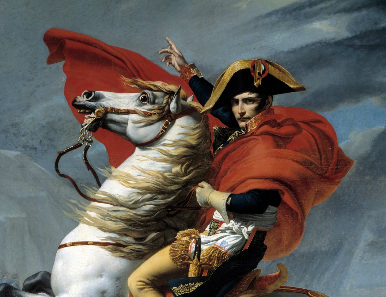 Den förste konsuln Napoleon Bonaparte (1769-1821) korsade Alperna vid passet av Grand Saint-Bernard i maj 1800. Detalj. Målning av Jacques Louis David (1748-1825) 1800-talets Paris, Musee de l
