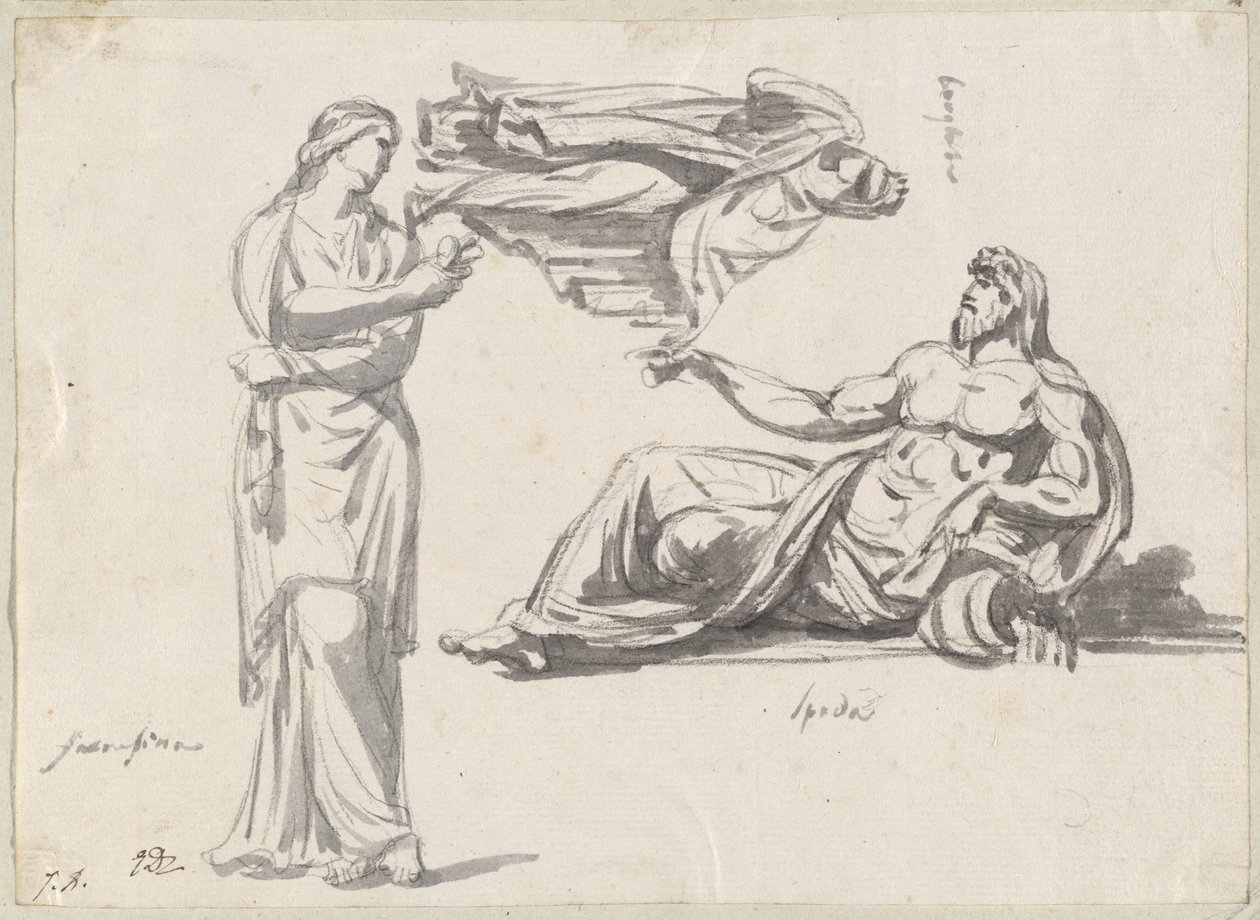 En flodgud och två klassiska skulpturer av Jacques Louis David