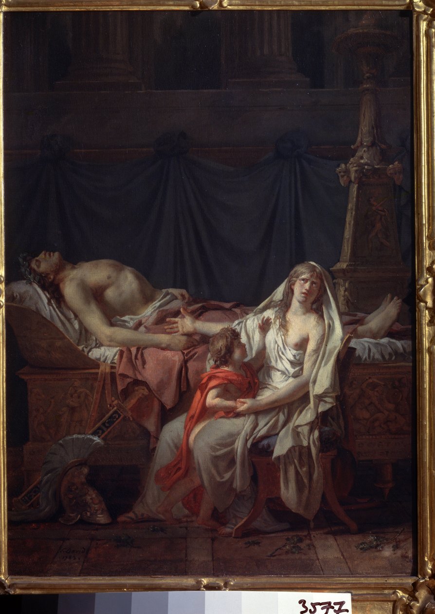 ""Andromache sörjer Hector"" (Andromache sörjer Hector). Kallas även ""Andromaches smärta och ånger på kroppen av hennes man Hector"". Andromaque och hennes son Astyanax framför liket av Hector, dödade under det trojanska kriget. Målning av Jacq av Jacques Louis David