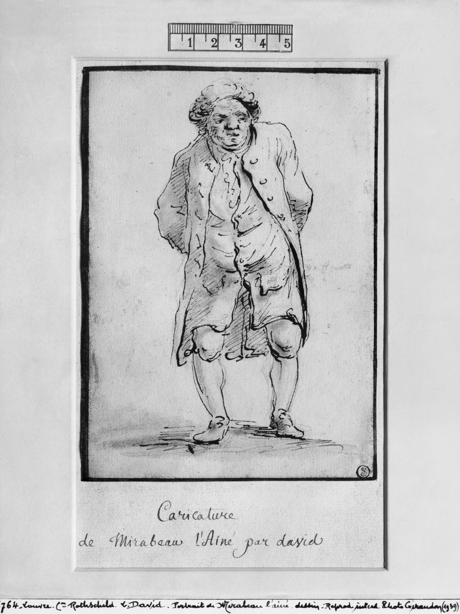 Karikatyr av Honore Gabriel Riqueti, Comte de Mirabeau (penna och brunt bläck och grått tvätt på papper) av Jacques Louis David