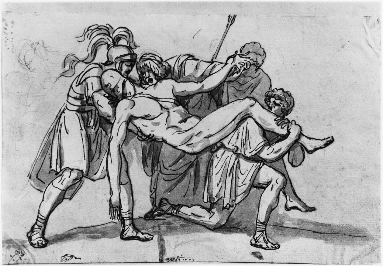 Death of Meleager (penna och brunt bläck och grått tvätt och pierre noire på papper) av Jacques Louis David