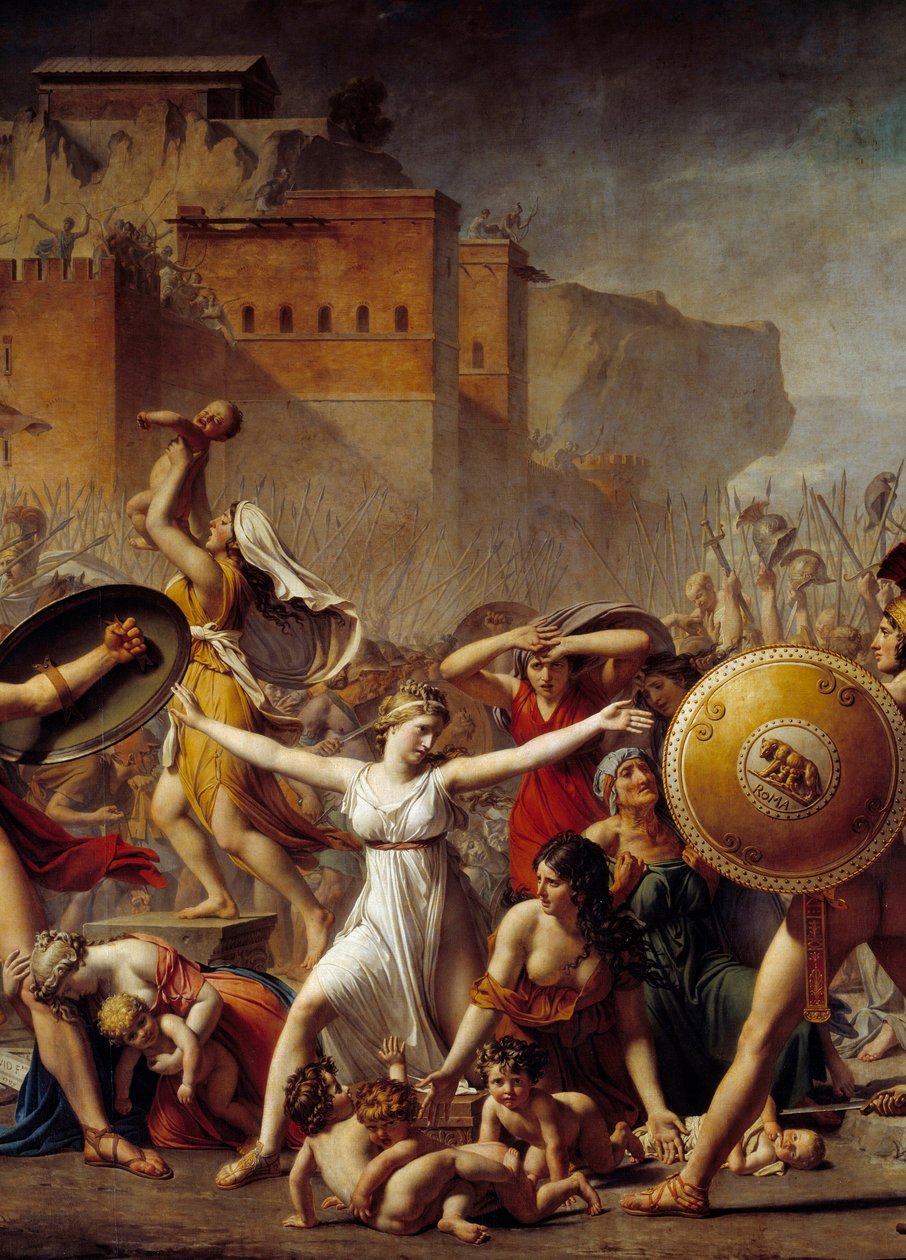 Detalj: "" The Sabines""" mellan deras romerska män (höger) och deras Sabins bröder (vänster) och visar dem deras barn - Målning av Jacques-Louis (Jacques Louis) David (1748-1825) av Jacques Louis David
