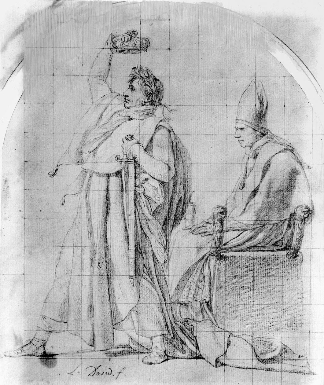 Kejsar Napoleon kröner sig själv, c.1804/07 (penna på papper med spår av bläck) av Jacques Louis David