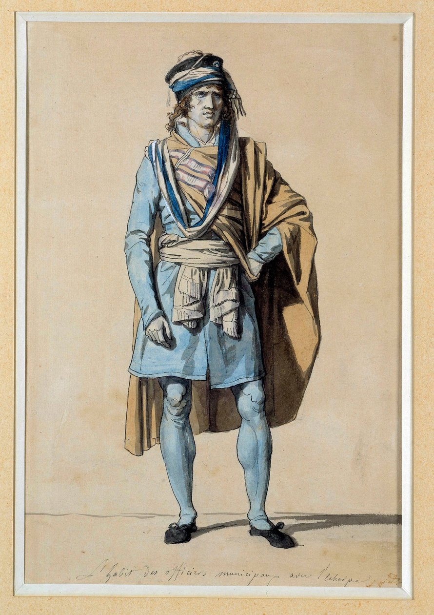Franska revolutionen: medborgarkostymprojekt 1793 "" Kommunaltjänstemans klänning med halsduken"" Akvarell av Jacques Louis David (1748-1825) Sön. 0,3x0,2 m. Versailles, Versailles slott och Trianon av Jacques Louis David