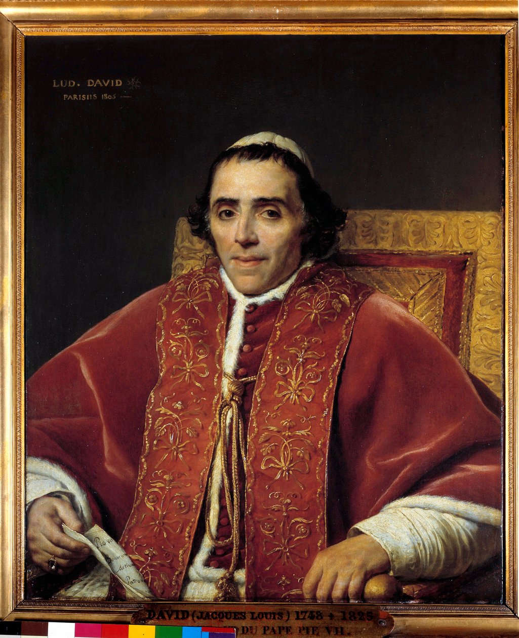 Halvkroppsporträtt av påven Pius VII (Gregoire Chiaramonti), påven 1800 (1742-1823) Målning av Jacques Louis David (1748-1825) 1800-talet sön. 0,91x0,85 m. - Halvkroppsporträtt av påven Pius VII (Gregoire Chiaramonti), påve 1800 (1742-1823). Målning av Jacques Louis David