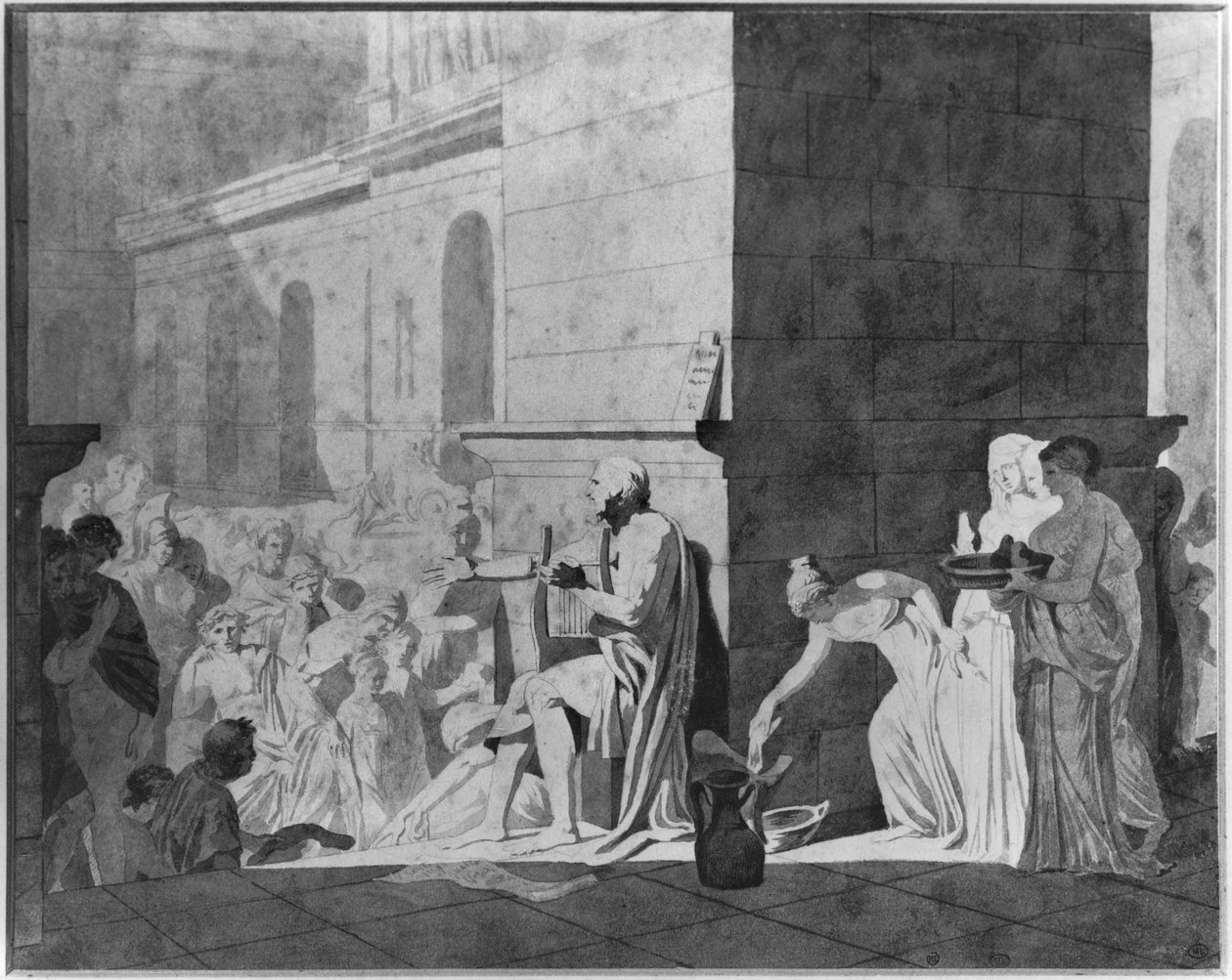 Homeros reciterar sina dikter, 1794 (penna och svart bläck och grafit och grå tvätt och röd krita på papper) av Jacques Louis David