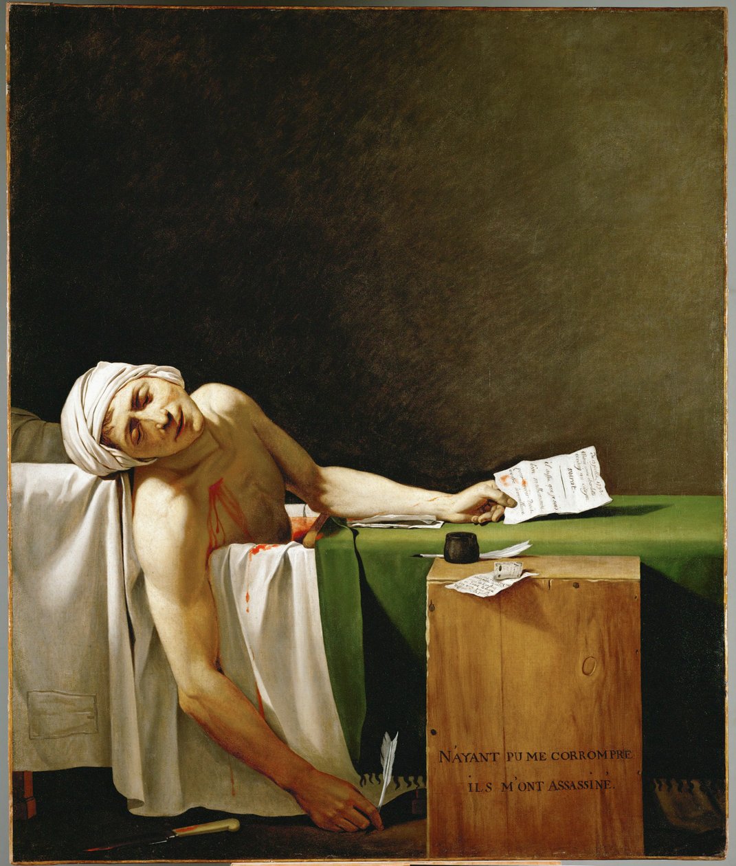 Jean Paul Marat, politiker och publicist, död i sitt badkar, mördad av Charlotte Corday i ... av Jacques Louis David