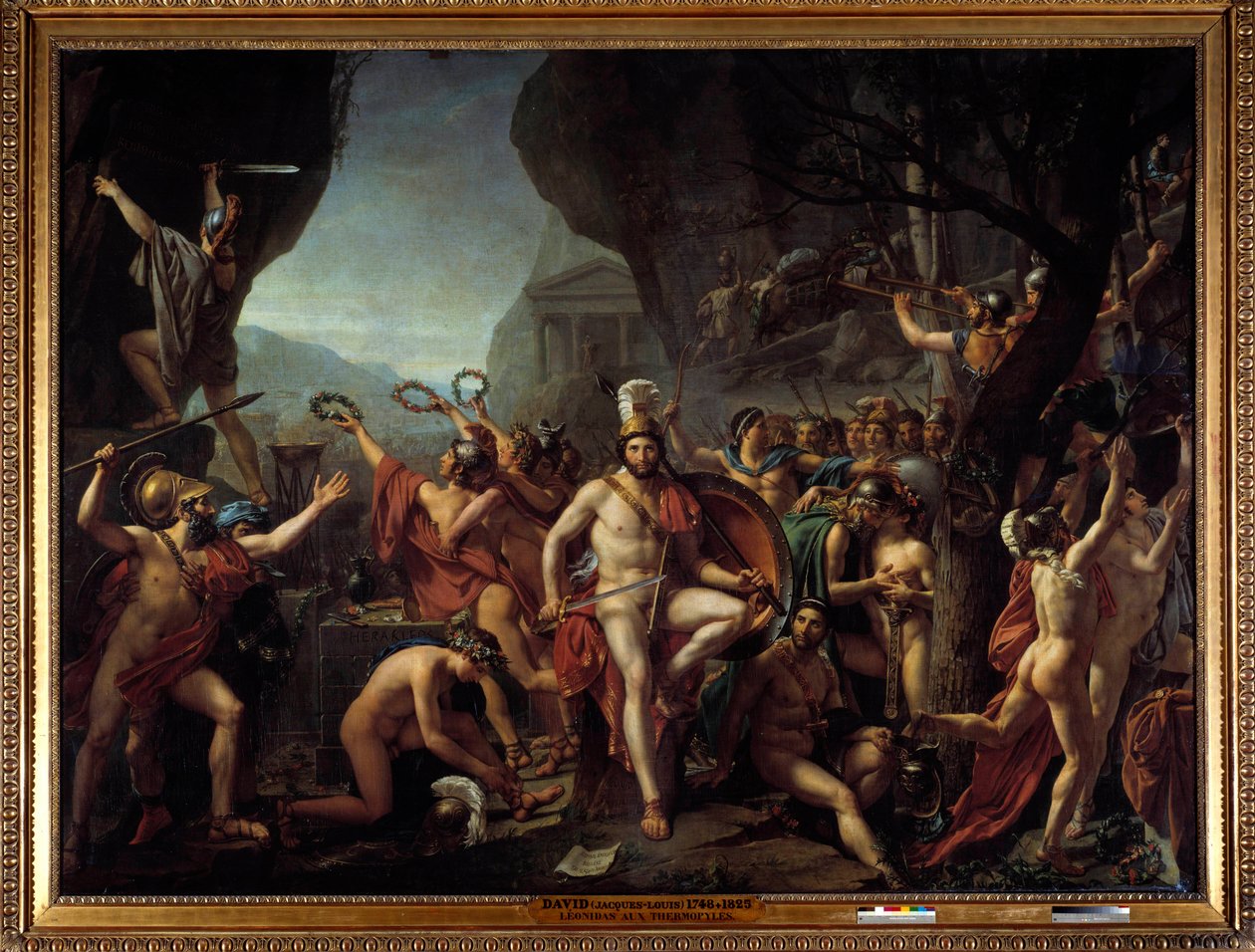 Leonidas till Thermopyls Avsnitt av slaget vid Thermopyls år 480 f.Kr., mot grekerna till perserna av Xerxes I, Leonidas I, kung av Sparta, håller sina armar, sitter på en klippa, nära Herkules altare, i ryggen en trupp av spartanerna avancerar till t av Jacques Louis David