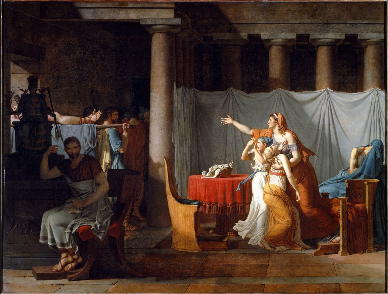 Lictors som bär till Brutus sina söners kroppar - olja på duk av Jacques Louis David