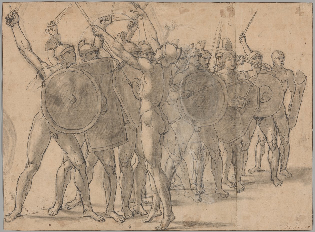 Nakna soldater som gestikulerar med sina vapen (recto); Två draperistudier för figuren Tatius (verso) av Jacques Louis David