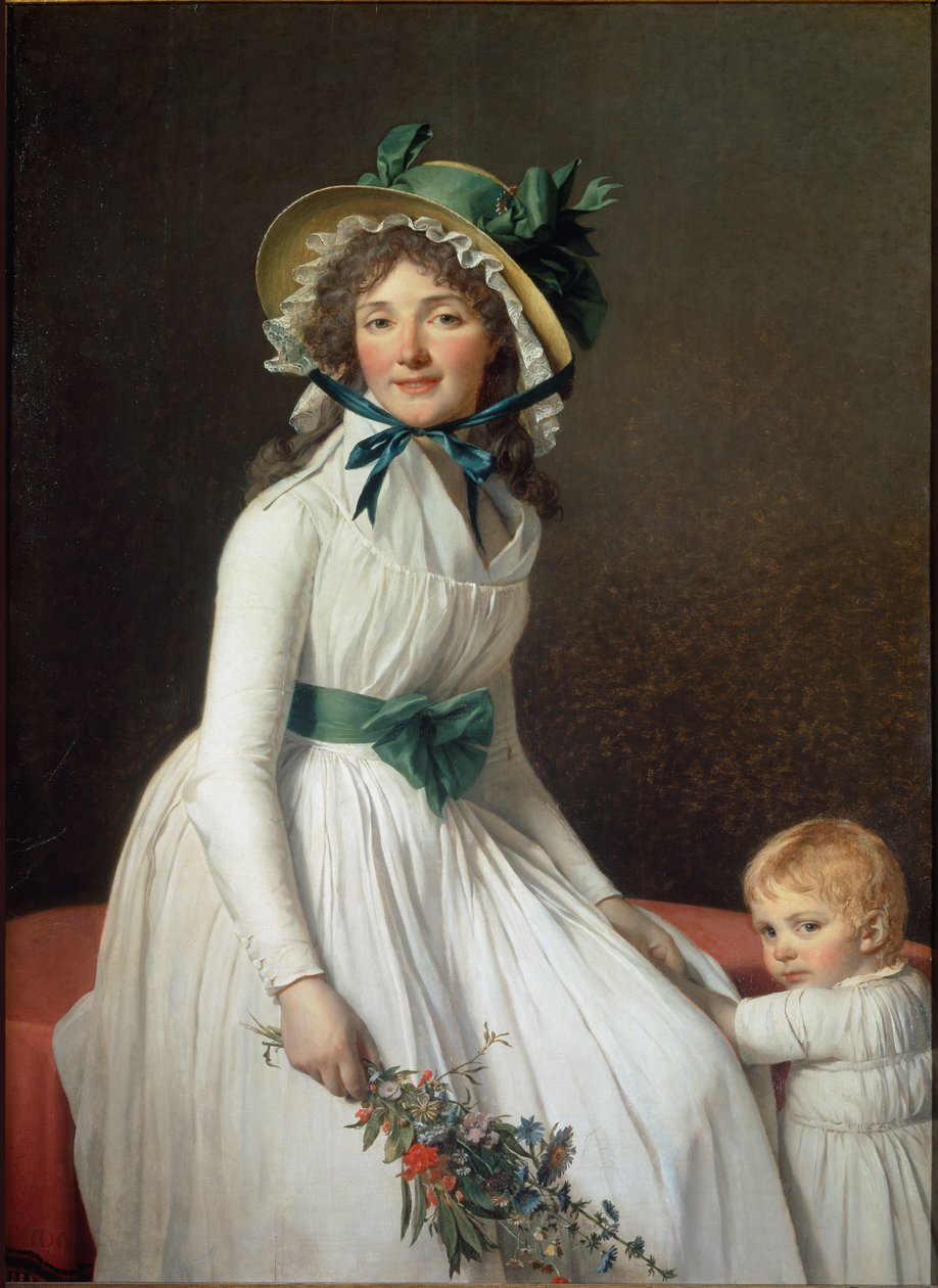 Porträtt av Madame Seriziat, frus syster till konstnären med sin son Emile - olja på duk av Jacques Louis David