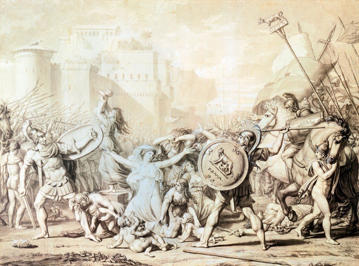 Study for Rape of Sabine Women (penna, bläck, akvarell och pennteckning) av Jacques Louis David