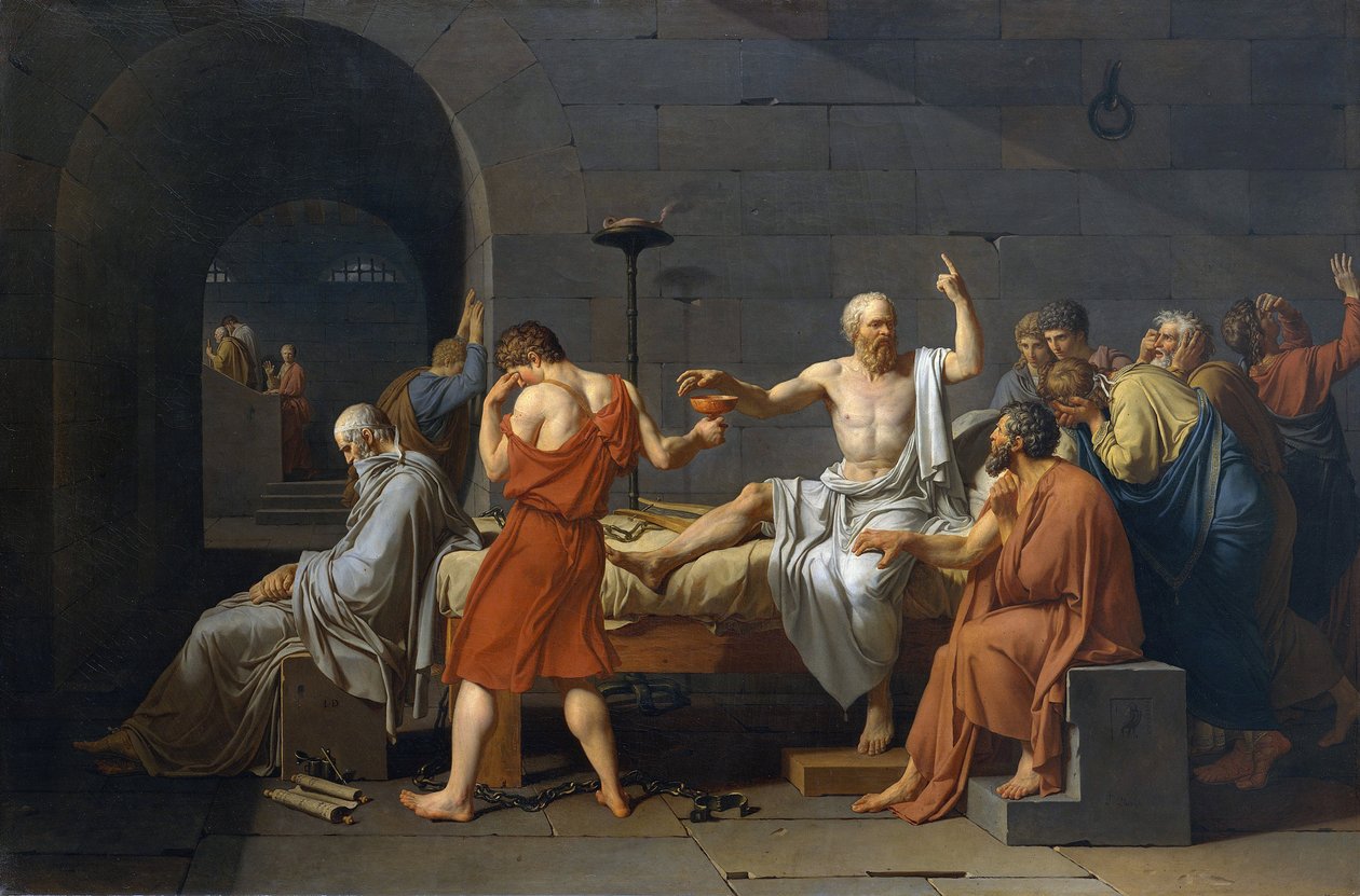 Sokrates självmord, antik grekisk filosof (5:e siecle av. JC) var tvungen att dricka cigue efter att ha anklagats för ogudaktighet och ungdomskorruption av Jacques Louis David