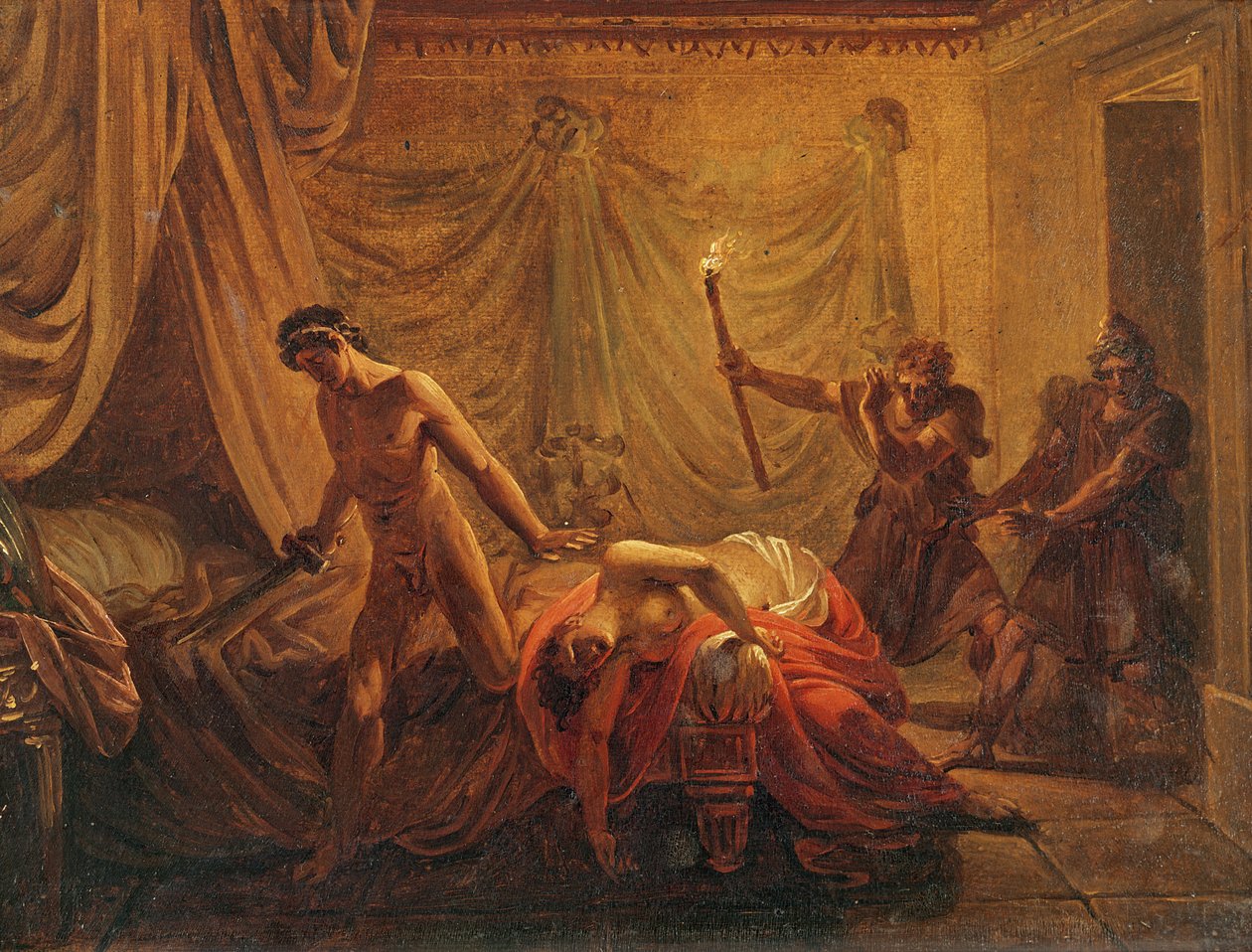 The Death of Cleonice (olja på duk monterad på trä) The av Jacques Louis David