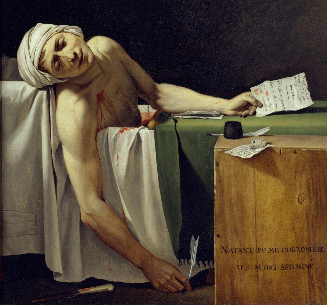 Marats död (John Paul Marat (1743-1793) mördad). Detalj. Målning av Jacques Louis David (1748 - 1825). 1793 Sön. 1,62x1,3 m. Louvren i Paris av Jacques Louis David