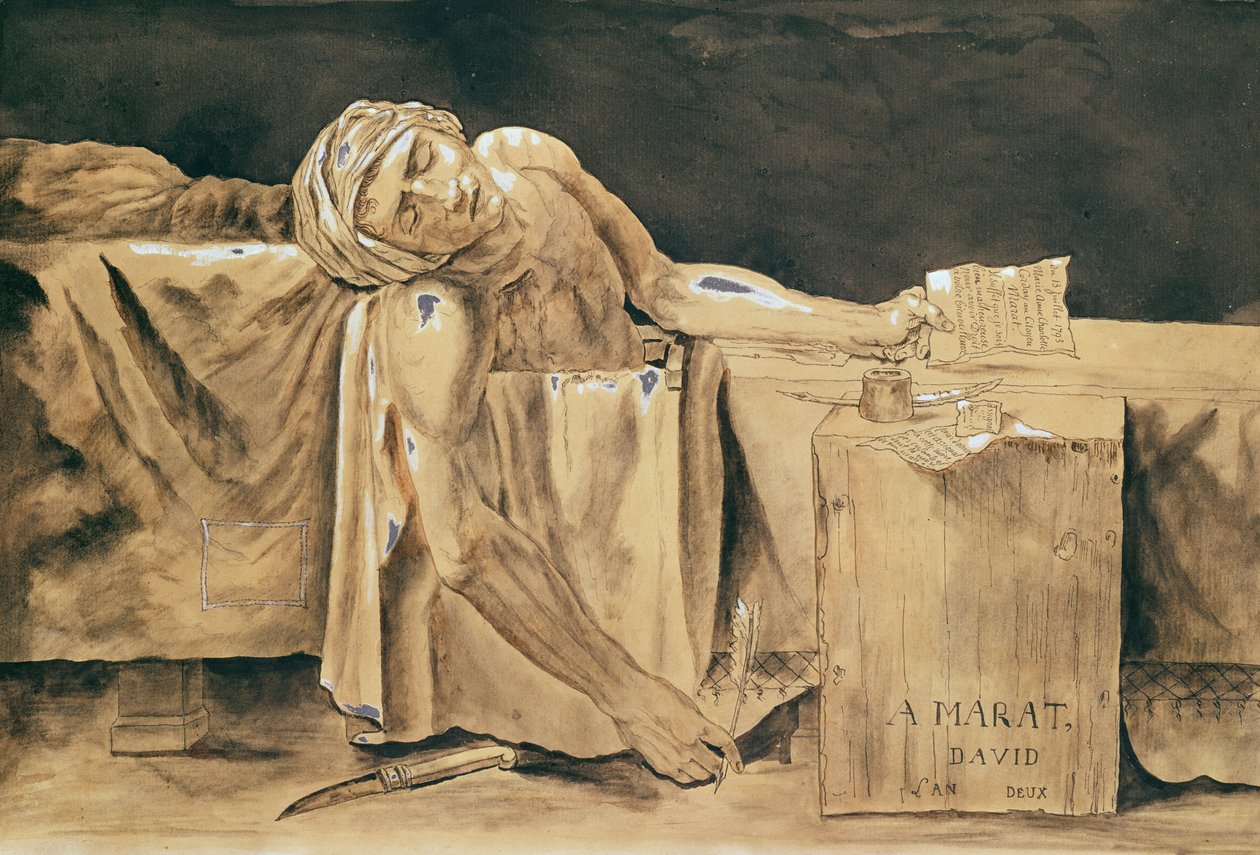 Marats död, 1793 (penna och bläck och wc på papper) av Jacques Louis David