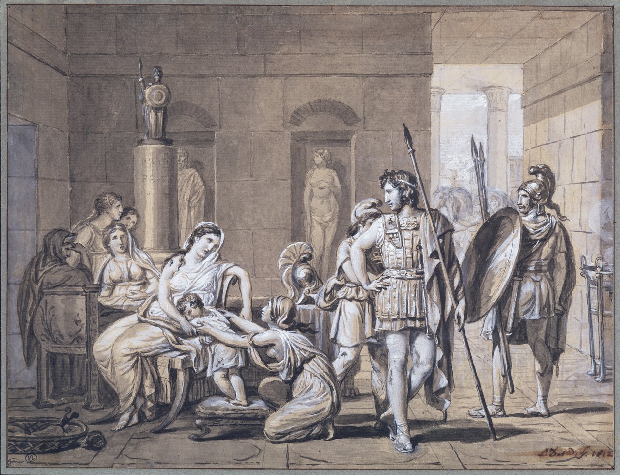 The Departure of Hector, c.1812 (penna och bläck och penna på papper) av Jacques Louis David