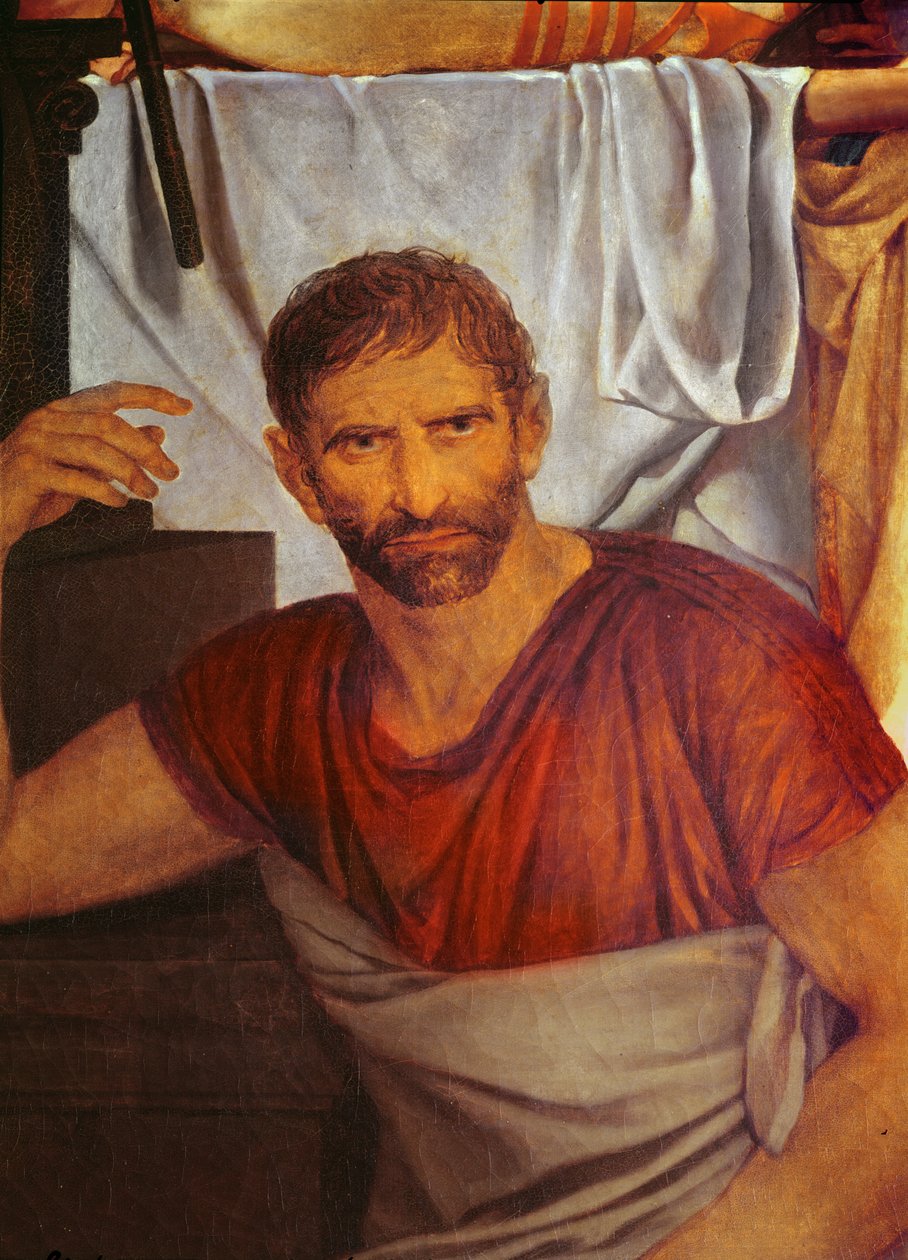 The Lictors Bring to Brutus Bodies of His Sons detalj av Brutuss ansikte, 1789 olja på duk av Jacques Louis David