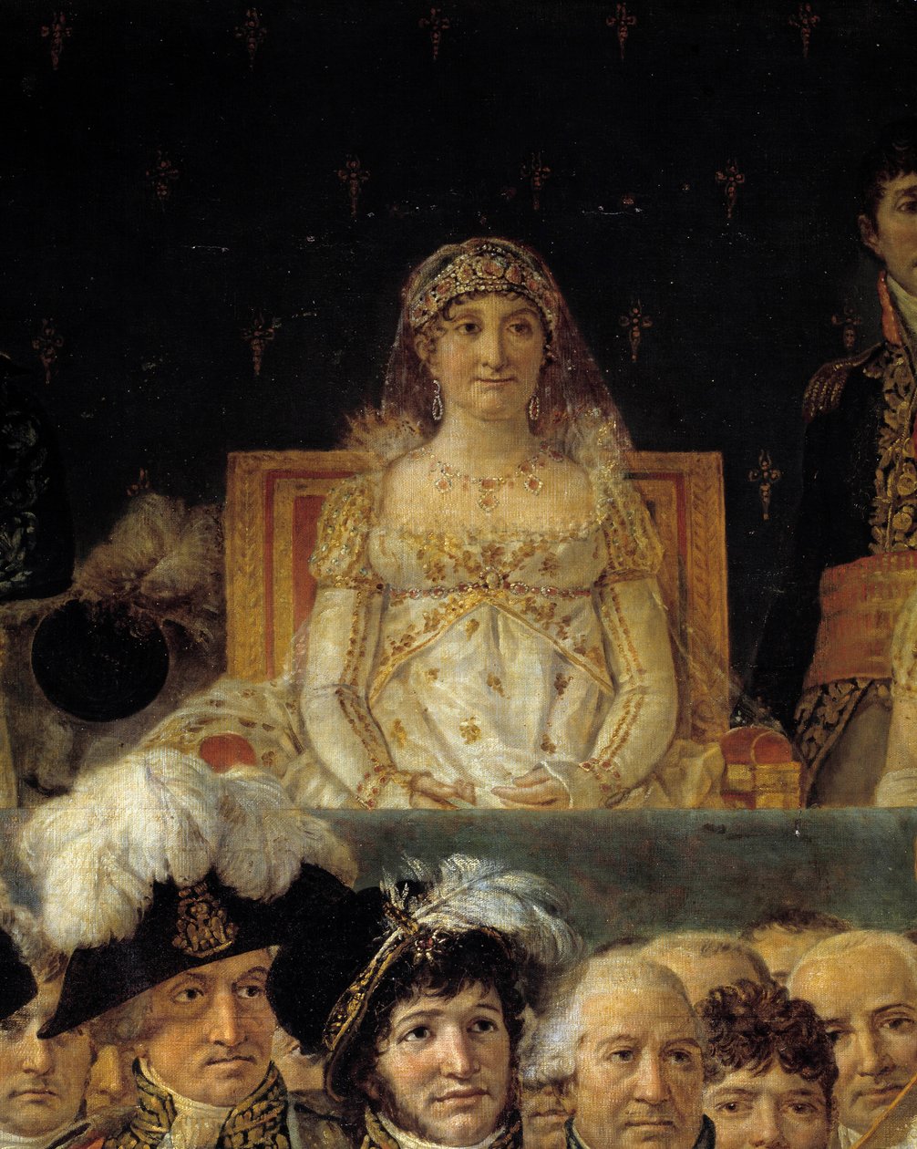 Napoleons rite. Detalj som föreställer Laetitia Bonaparte (Letizia Maria Ramolino) (1750-1836), mor till Napoleon I under kejsar Napoleon I Bonapartes sakra och kröning av kejserliga Josephine vid Notre-Dame de Paris den 2 december 1804. Målning b av Jacques Louis David