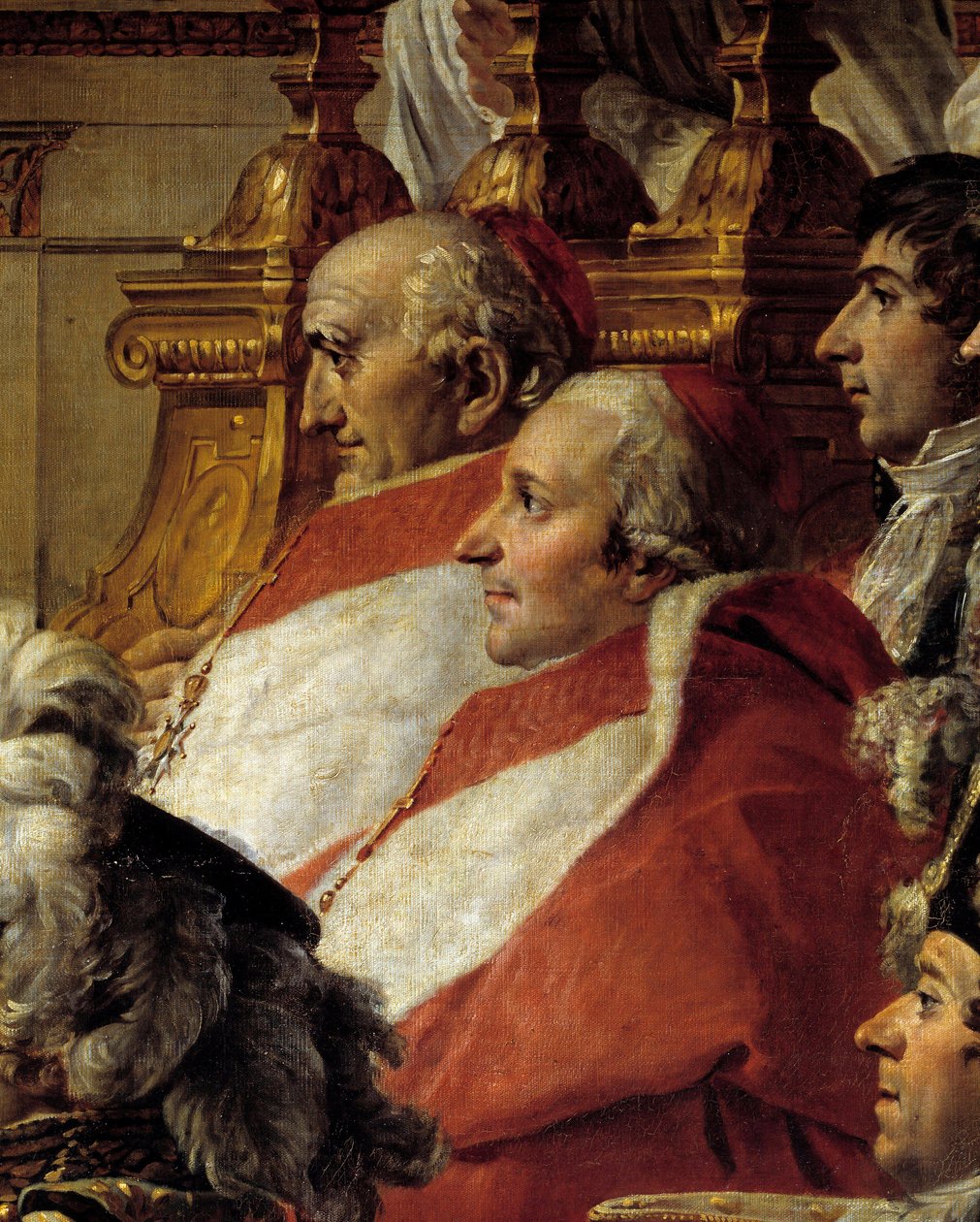 Napoleons rite. Detalj som föreställer kardinalerna och Jean Baptiste Jules Bernadotte (1763-1844) under kejsar Napoleon I Bonapartes heliga och kröning av Imperatrice Josephine vid Notre-Dame de Paris den 2 december av Jacques Louis David