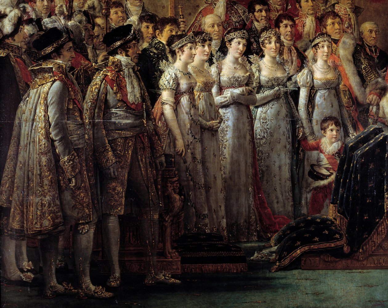Napoleons rite. Detalj som föreställer kejsarens bröder och systrar under kejsar Napoleon I Bonapartes sakra och kröningen av Imperatrice Josephine vid Notre-Dame de Paris den 2 december av Jacques Louis David