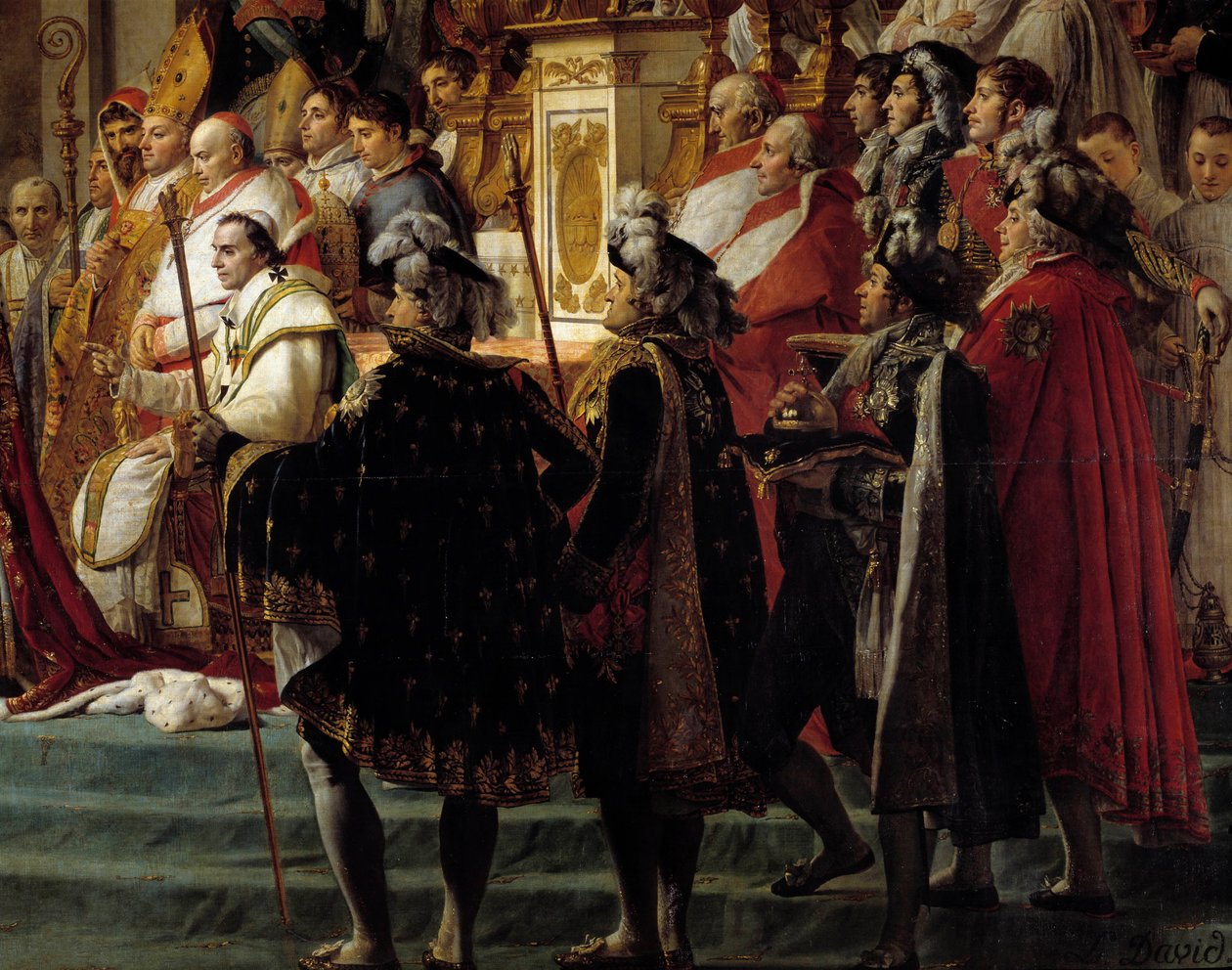 Napoleons rite. Detalj som visar förgrunden med påven Pius VII under kejsar Napoleon I Bonapartes sakra och kröningen av Imperatrice Josephine vid Notre-Dame de Paris den 2 december av Jacques Louis David