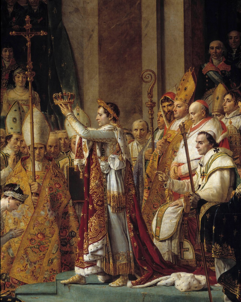 Napoleons rite. Detalj av Napoleon som bär kronan under kejsar Napoleon I Bonapartes sakra och kröningen av Imperatrice Josephine vid Notre-Dame de Paris den 2 december av Jacques Louis David