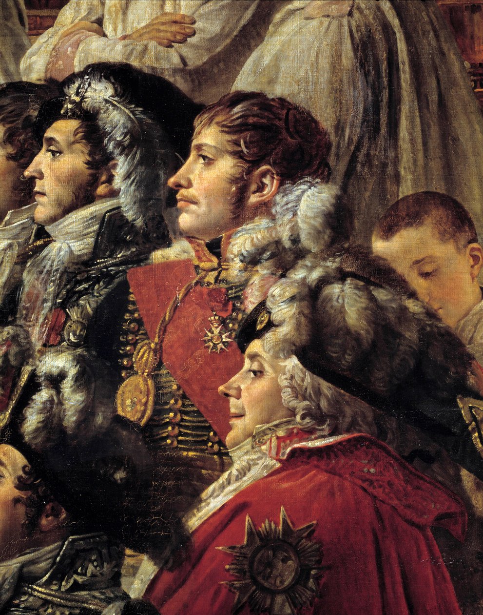Napoleons rite. Detalj som representerar Auguste Jean-Gabriel de Caulaincourt (1777-1809), Eugene Rose de Beauharnais dit Prince Eugene (1781-1824) och Charles Maurice de Talleyrandt-Perigord dit Talleyrand (1754-1838) under kejsar Napoleons kröning av Jacques Louis David