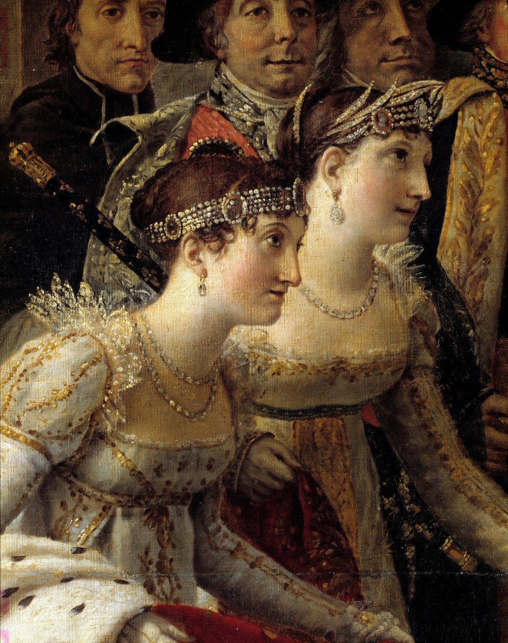 Napoleons rite. Detalj som representerar Madame de la Rochefoucault och Madame Lavalette under kejsar Napoleon I Bonapartes sakra och kröningen av Imperatrice Josephine vid Notre-Dame de Paris den 2 december av Jacques Louis David