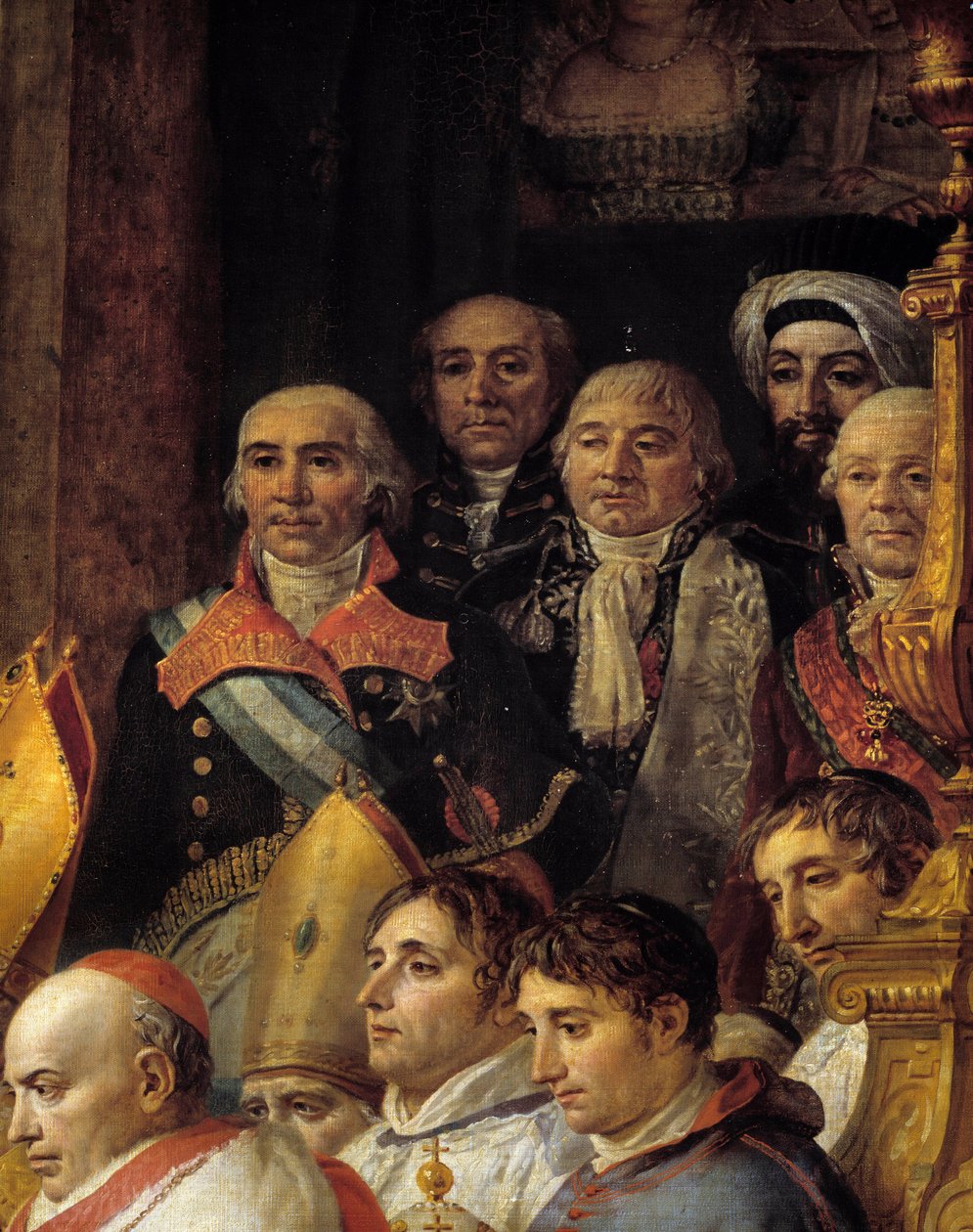 Napoleons rite. Detalj som representerar ambassadörerna (Amiral de Gravina (Spaniens ambassadör, död 1805), general Armstrong (USA:s ambassadör), Monsieur de Marescalchi (minister för den italienska rep.), Mohamed sa - halet effendi (ambas) av Jacques Louis David