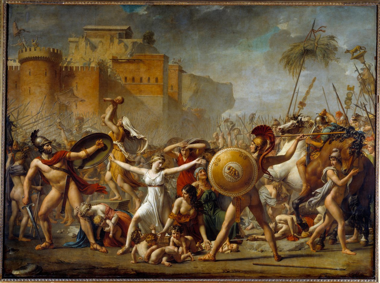 Sabinerna mellan sina romerska män (höger) och deras sabinska bröder (vänster) och visar dem sina barn - Målning av Jacques-Louis (Jacques Louis) David (1748-1825) av Jacques Louis David