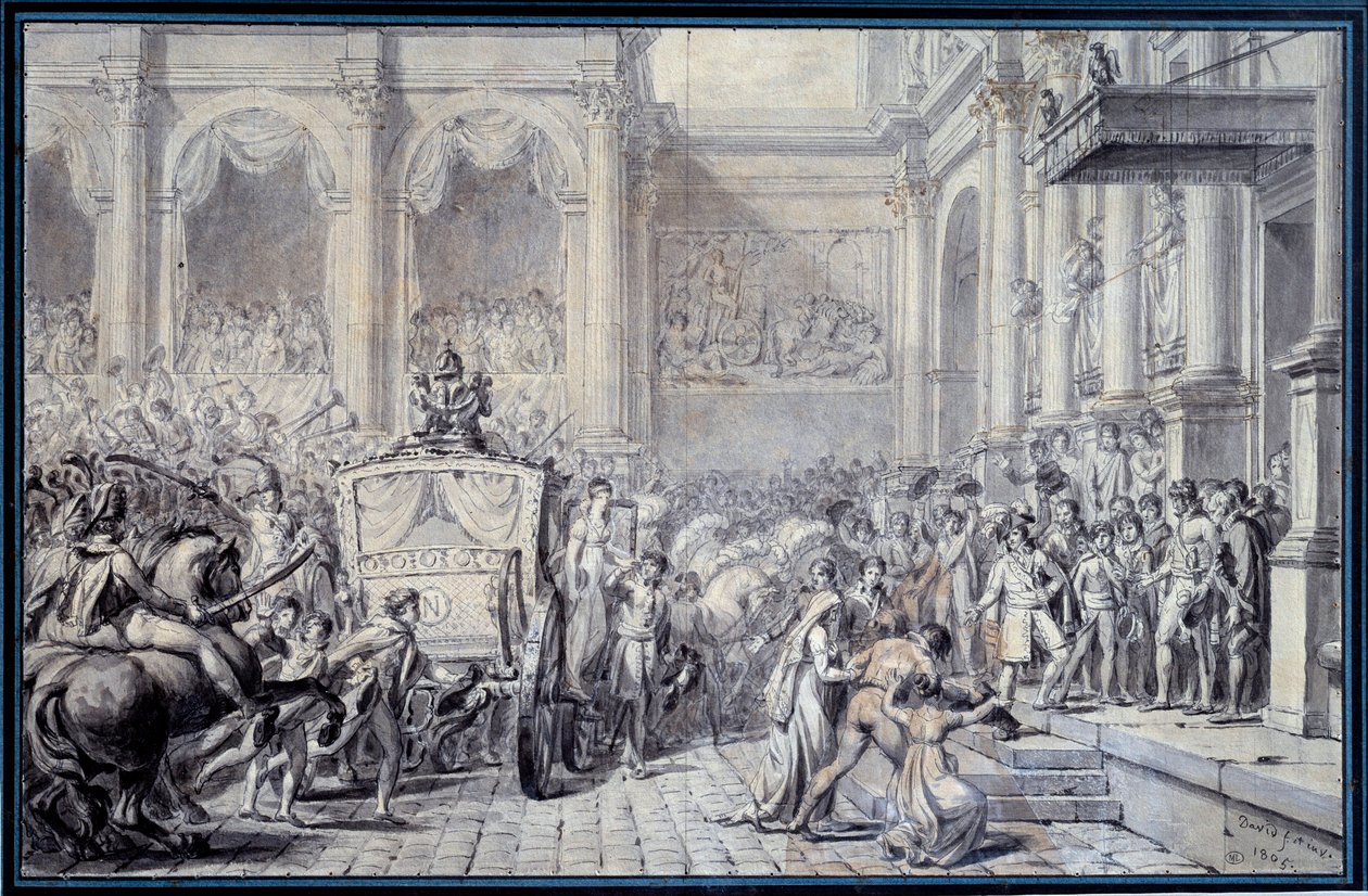 Ankomsten av kejsar Napoleon I:s (1769-1821) vagn till Hotel de Ville de Paris den 16/12/1804 med anledning av hans regering Teckning av Jacques Louis David (1748-1825) 1804 Sön. 0,26x0,4 m Paris, Louvren av Jacques Louis David