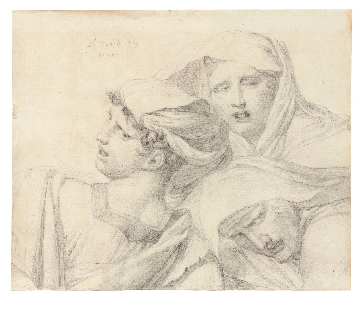 Tre kvinnor i klassisk klädsel, bystlängd, med ångestfyllda uttryck, 1819 av Jacques Louis David
