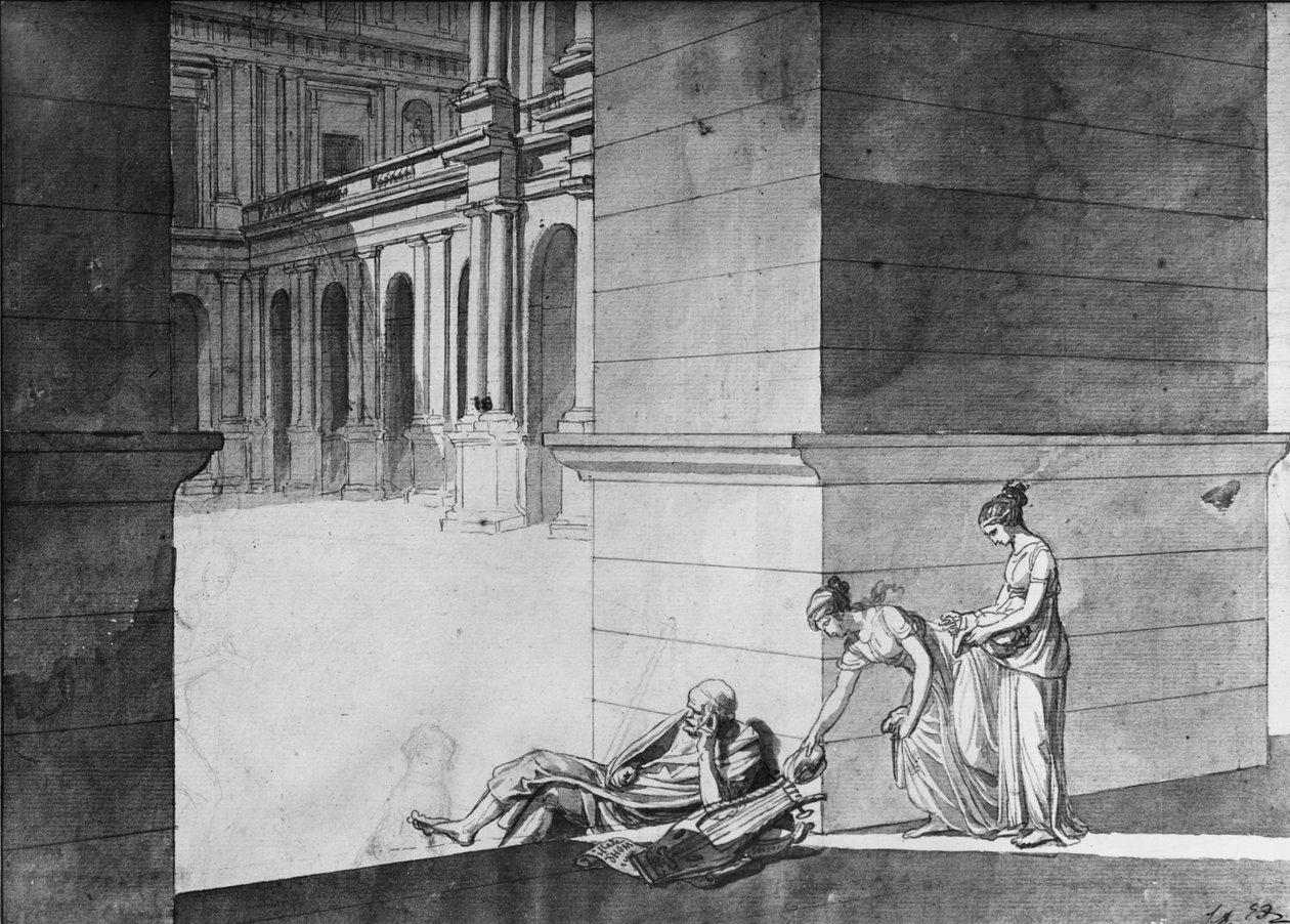 Två unga flickor kommer med bröd till Homer sovande, ca 1794 (penna och indiskt bläck på papper) av Jacques Louis David