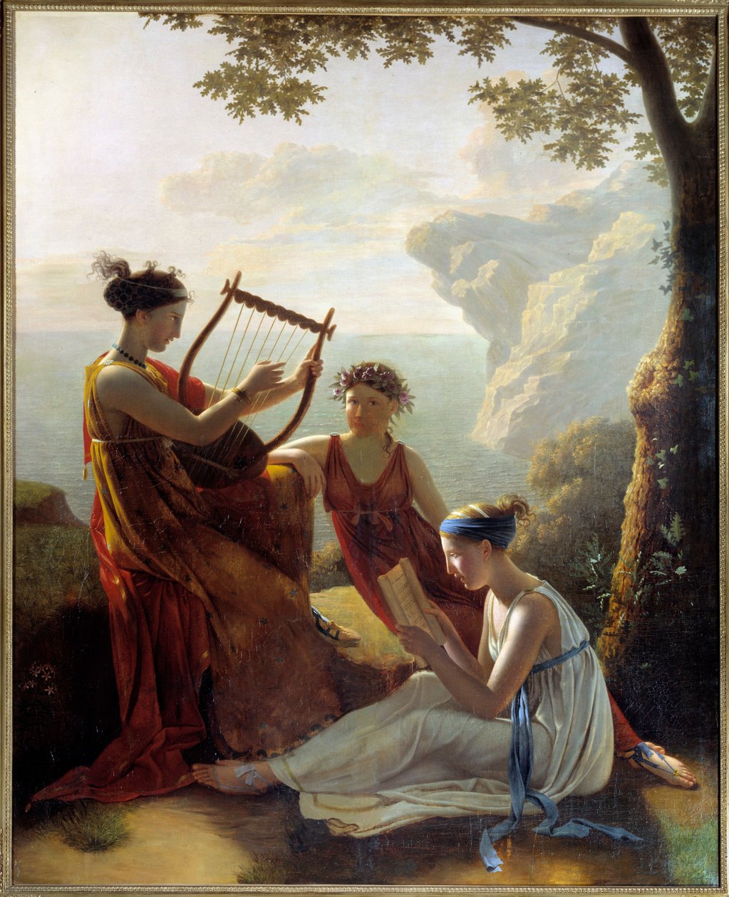 Den grekiske poeten Sapho (Sappho) spelar lyra och två av hennes följeslagare Målning av Jacques Louis Grandin (1780-?) 1808 Paris, Musee Marmottan av Jacques Louis Michel Grandin