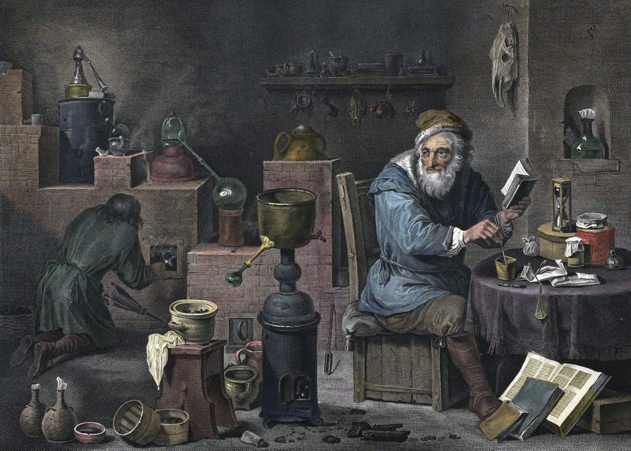 Alkemisten. Gravyr av Jacques-Louis Pérée. 1600-talet. av Jacques Louis Perée