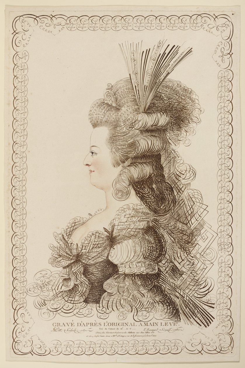 Kalligrafiskt porträtt av Marie Antoinette, 1787 (etsning och gravyr) av Jacques Louis Petit