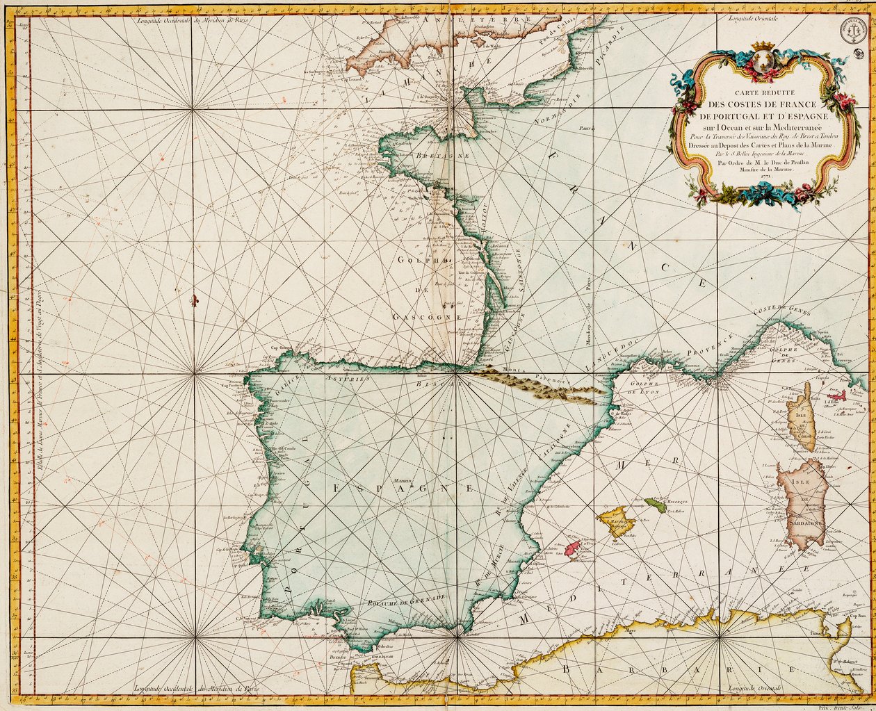 Karta över Västeuropa med Parismeridianen som den främsta av Jacques Nicolas Bellin