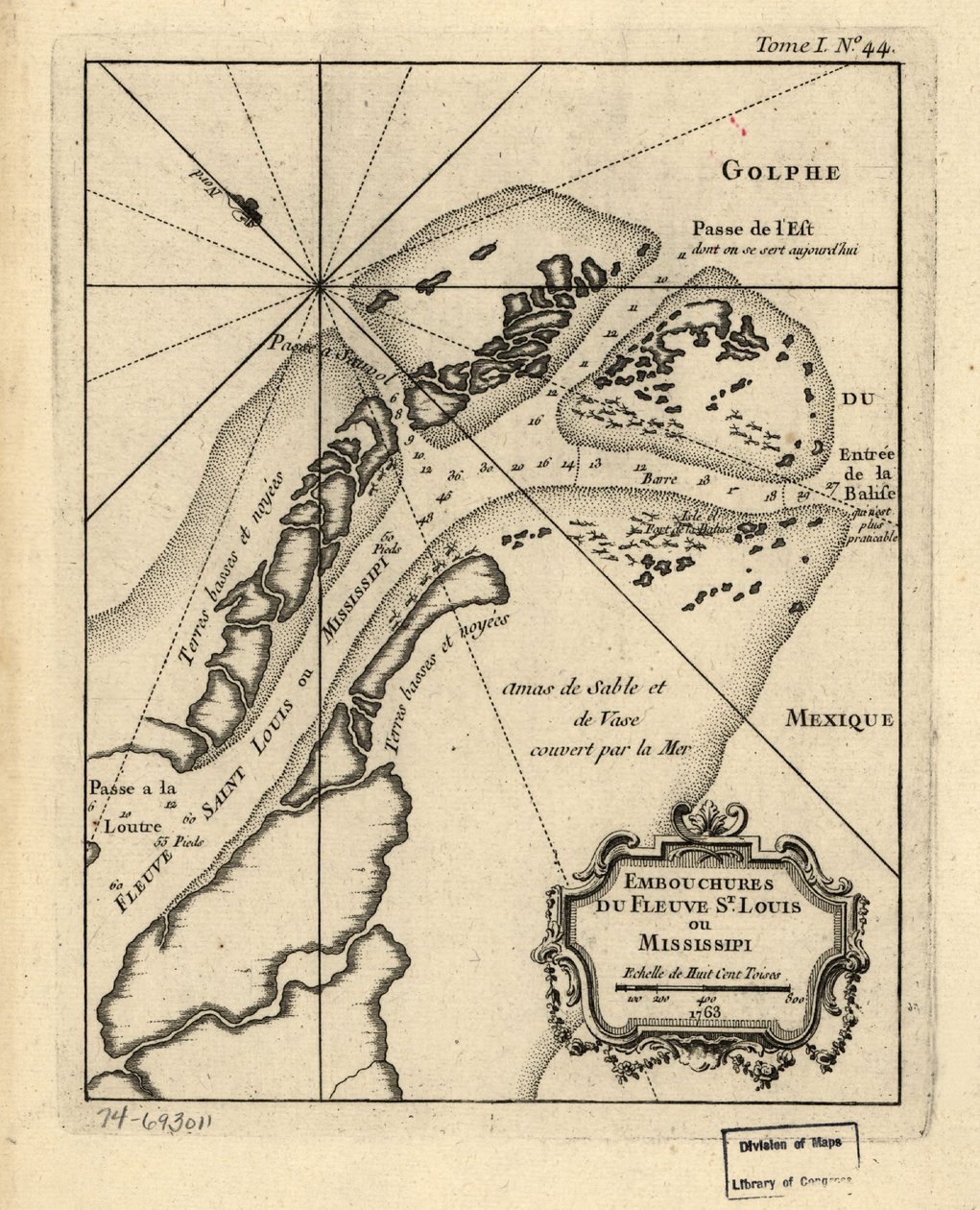 Louis eller Mississippiflodens mynningar. 1763. LOC 74693011 av Jacques Nicolas Bellin