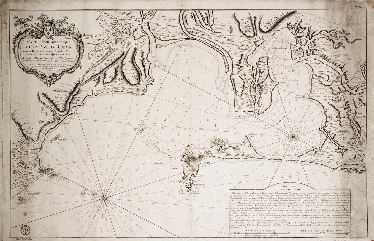Hydrografiskt sjökort över Cadizbukten av Jacques Nicolas Bellin