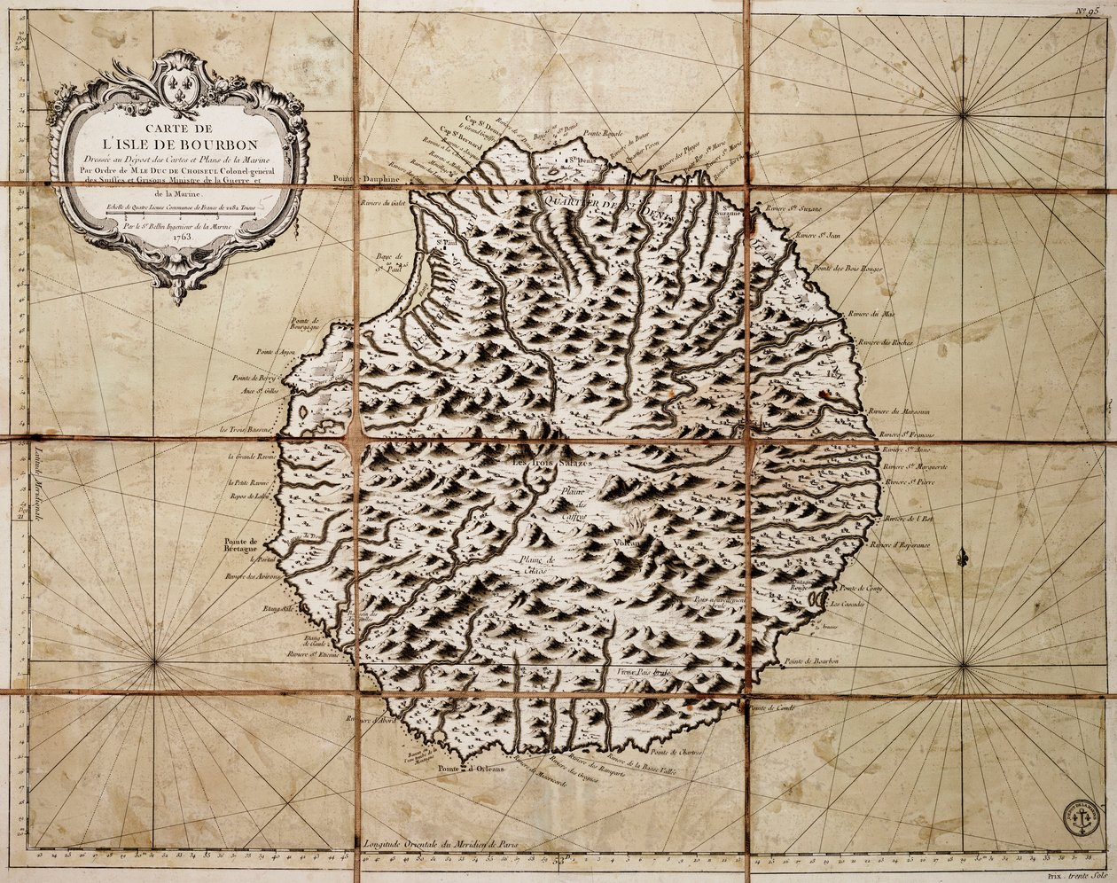 Karta över Isle of Bourbon upprättad vid depån för kartor och sjökort av Jacques Nicolas Bellin