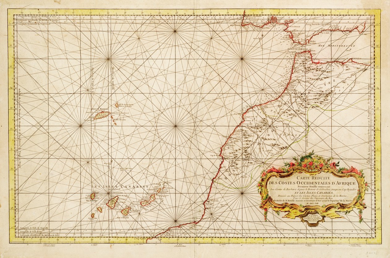 Karta över Afrikas nordvästra kust, från Gibraltarsundet till Kanarieöarna av Jacques Nicolas Bellin