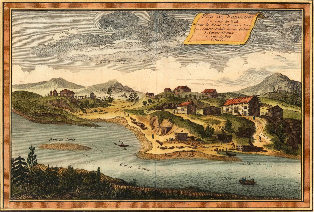 Utsikt över Beryozovo från Sosvafloden, 1760 av Jacques Nicolas Bellin