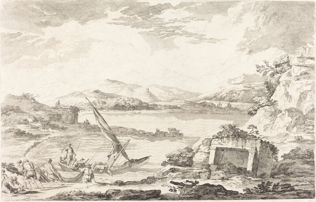 Utsikt över den antika hamnen i Phaleron, Aten av Jacques Philippe LeBas after Julien David Le Roy