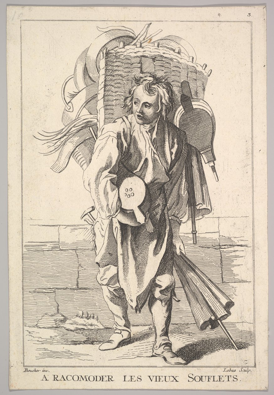 Omvänd kopia av A Racomoder les Vieux Souflets Mend the Old Bellows, från Le Cri..., 1700-talet. av Jacques Philippe Le Bas