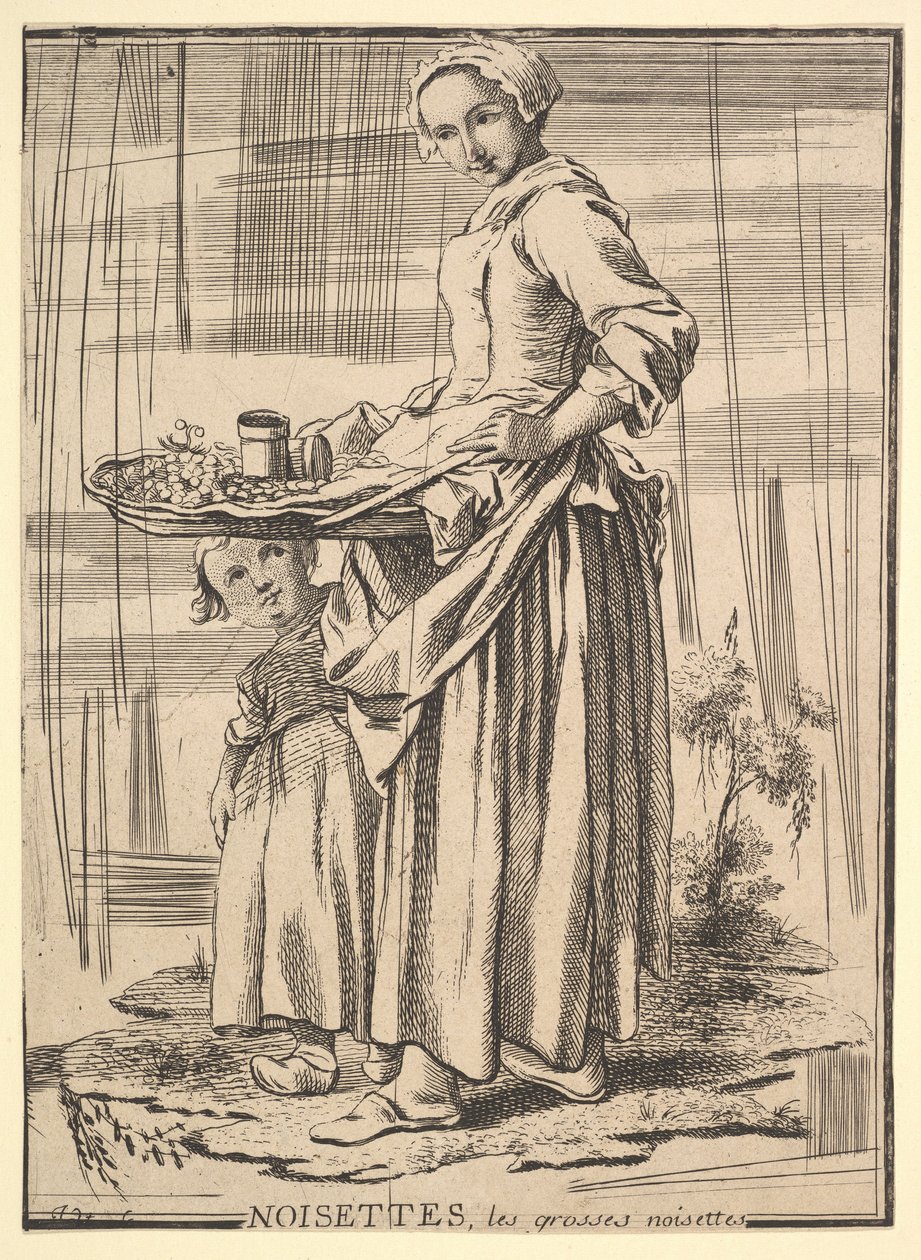 Omvänd kopia av Noisettes Nötknäppare, från Les Cris de Paris The Cries of Paris, 1700-talet. av Jacques Philippe Le Bas