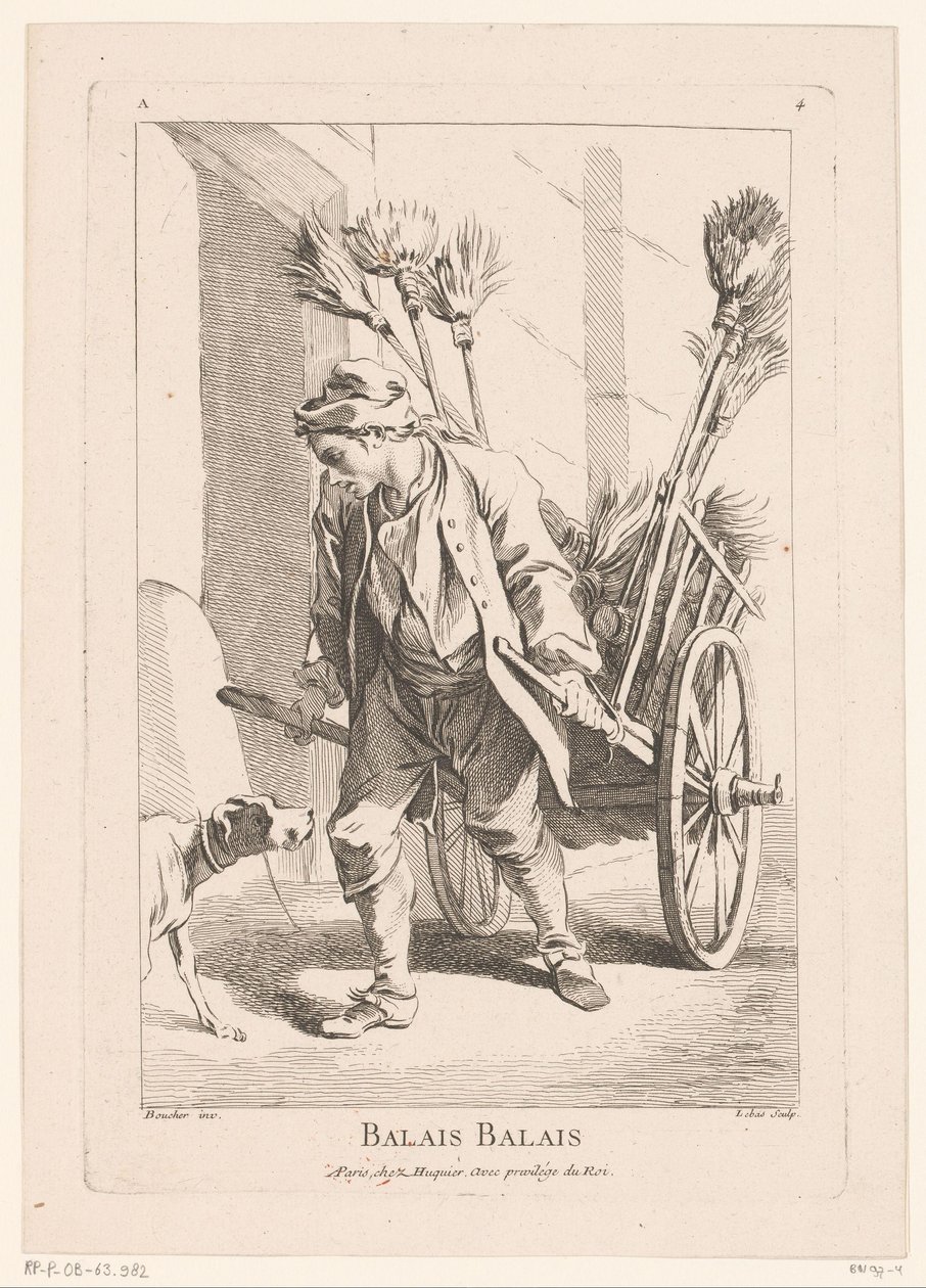 Gatuförsäljare med kvastar Balais Balais (titel på objekt) Cris de Paris (serietitel) Street Vendors of Paris (serietitel) av Jacques Philippe Le Bas