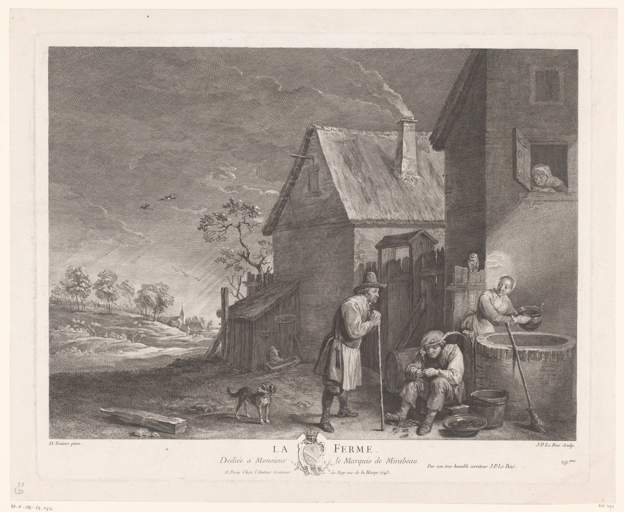 Två män och en kvinna framför brunnen på en gård La Ferme (titel på objekt) av Jacques Philippe Le Bas